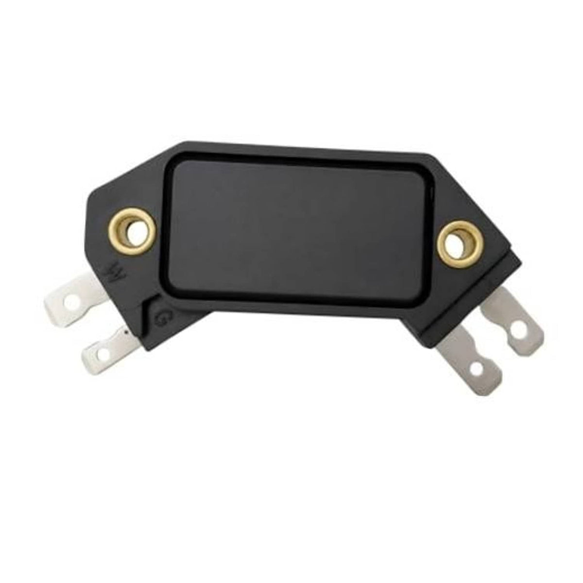 Black ignition control module with two mounting ears and gold terminals