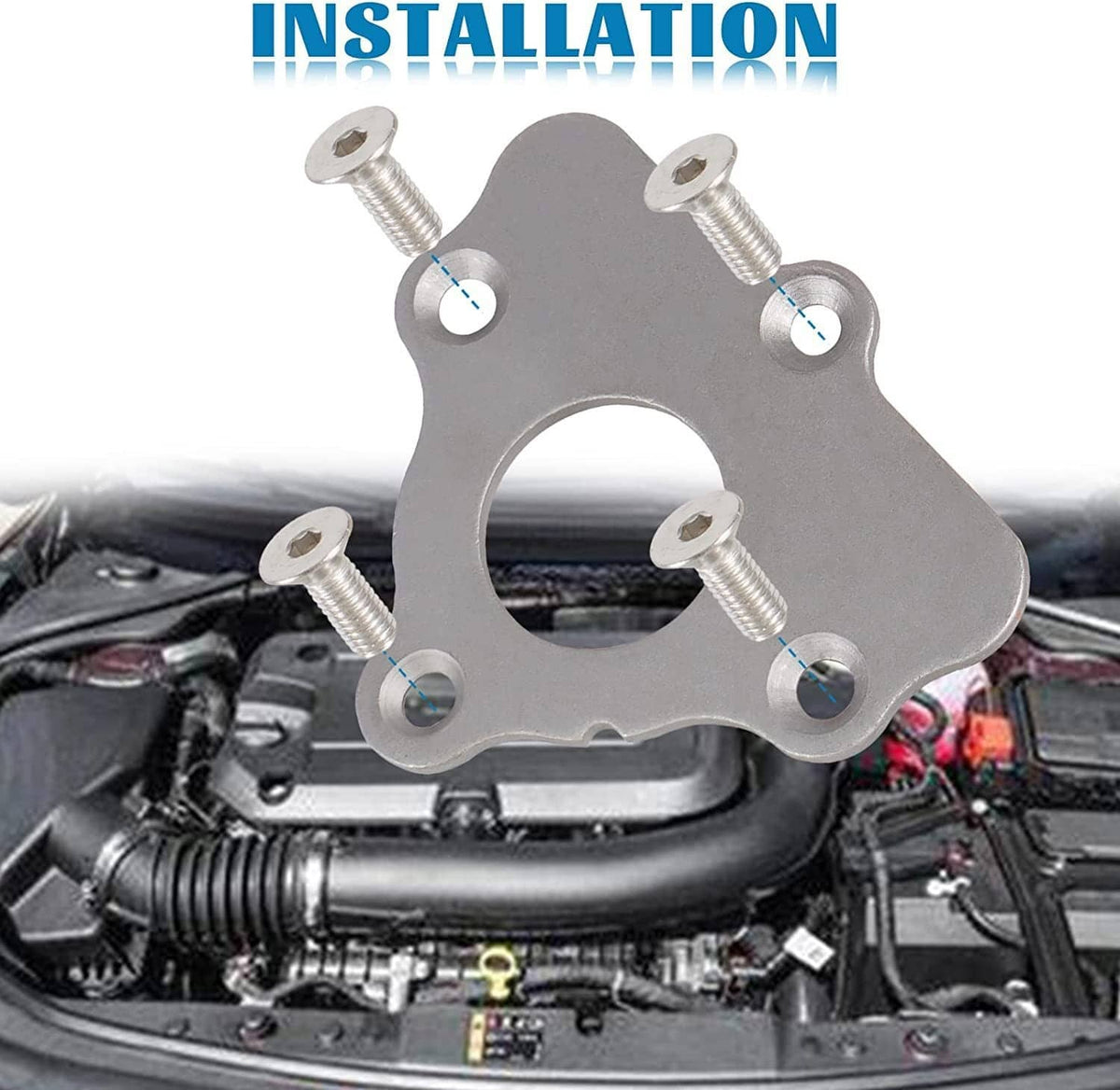 Thrust plate gasket mounted on engine with four silver bolts