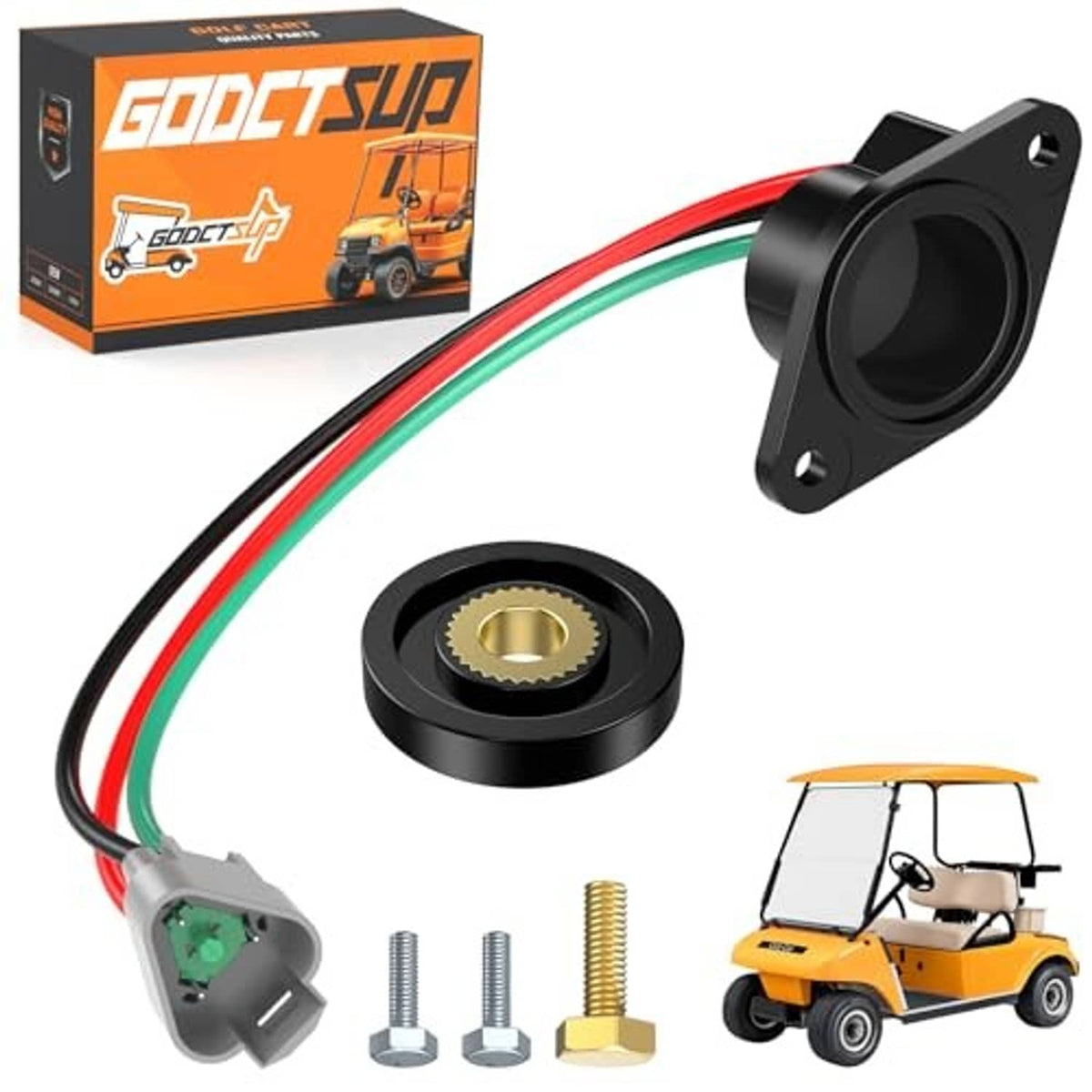Golf cart speed magnet kit with black circular sensor, wiring harness, and bolts in box