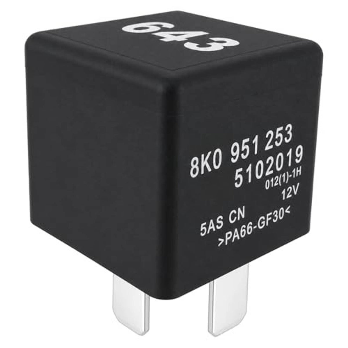 Black automotive relay cube with white printed numbers and two silver plug terminals