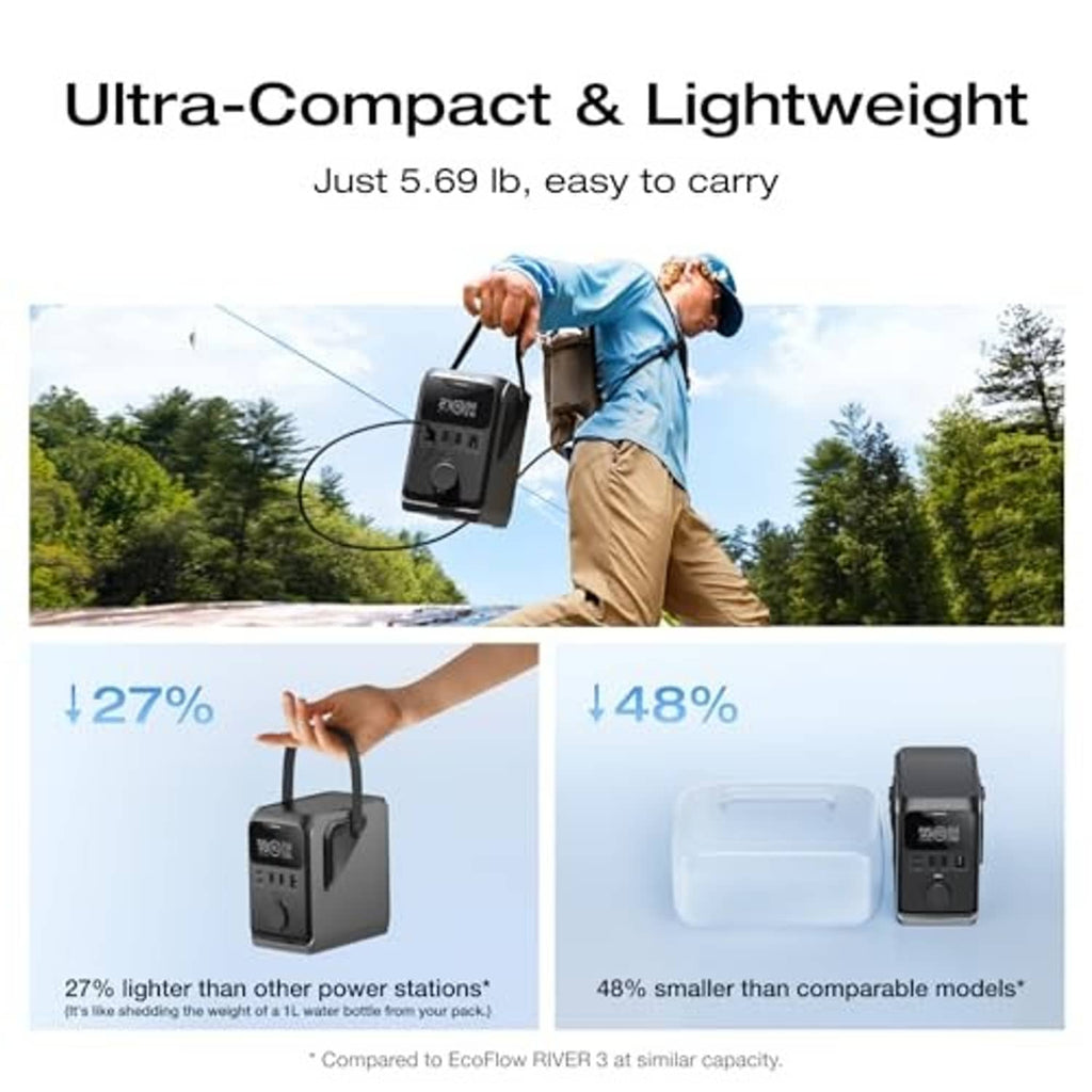 Compact portable power station in hand, black unit with digital display and ports