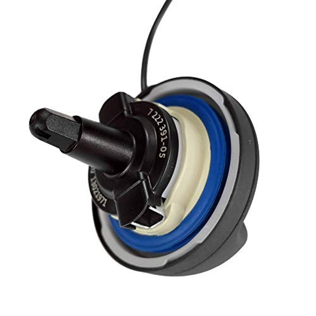 Fuel tank gas cap with blue seal ring and black cap, close-up angle