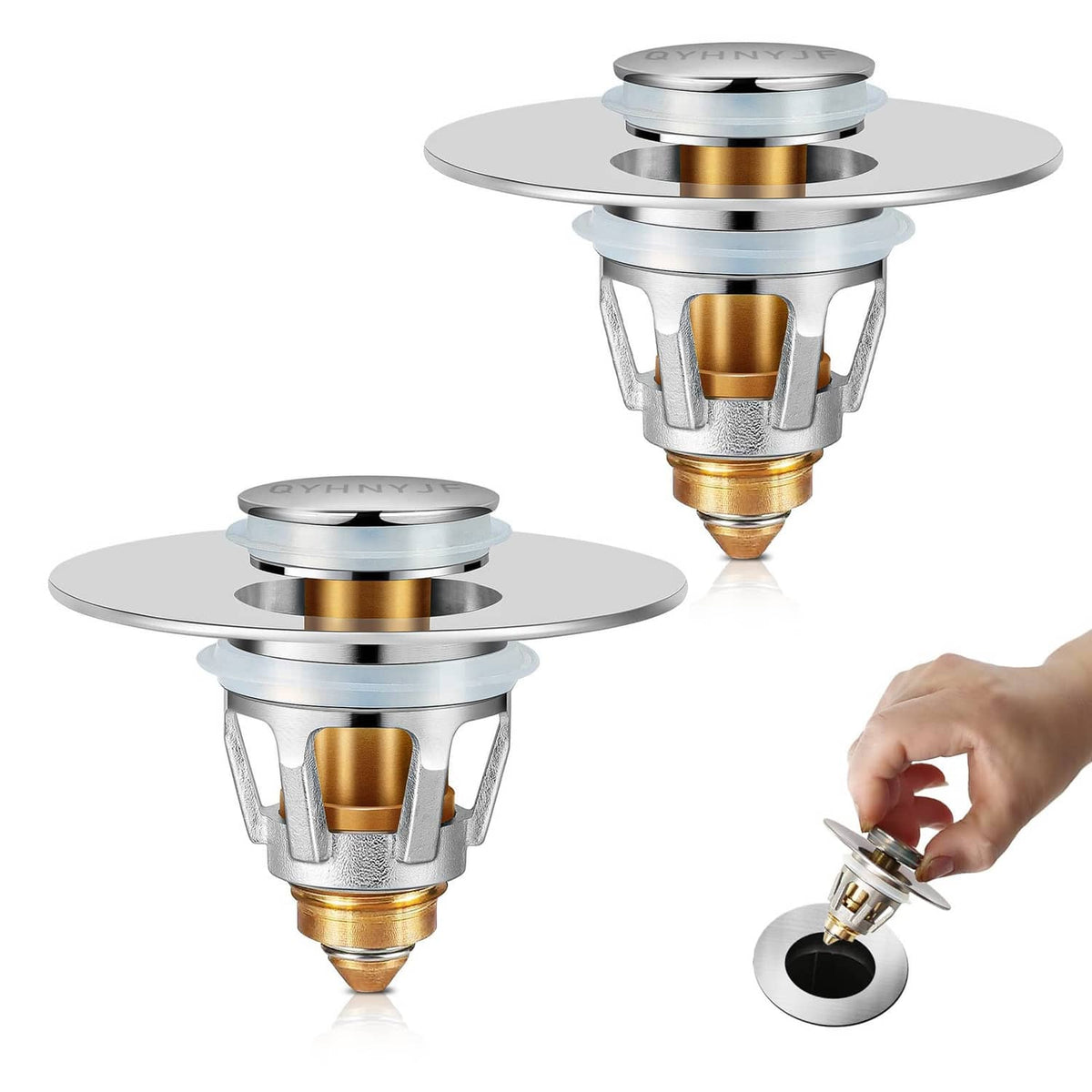 Set of two chrome pop-up sink stoppers with brass core, one shown close with removed cover.