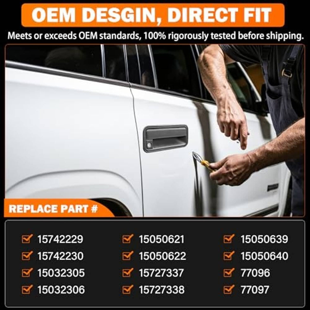 Black exterior front door handle with lock, direct-fit replacement