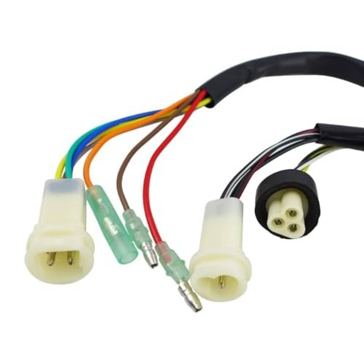 Ignition box wiring harness close-up with colored wires and white two-pin connectors