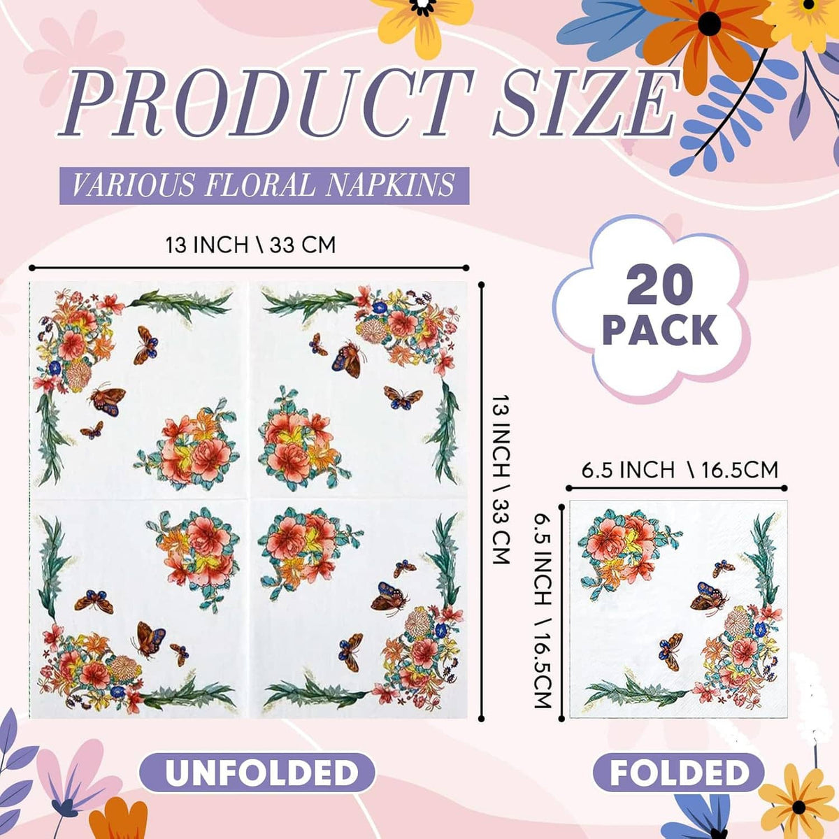 Folded floral paper napkin with butterflies and rose bouquet print, 6.5 in square