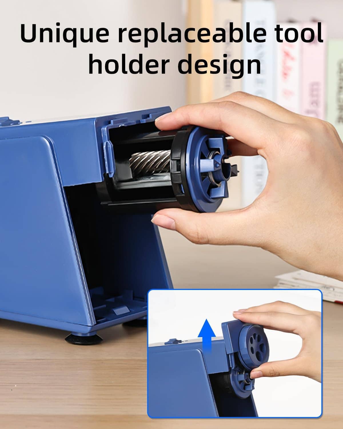 Blue electric pencil sharpener with front cover open and rotating cutting holder