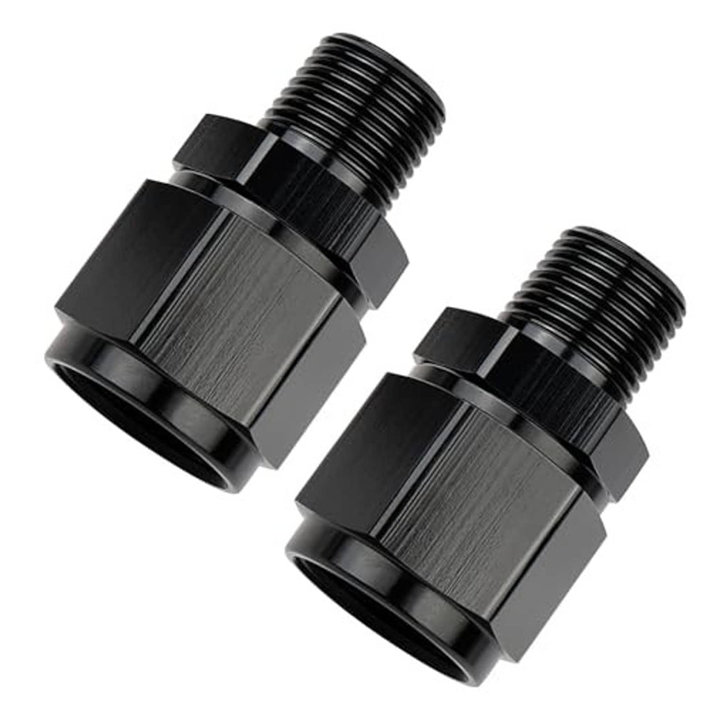 Aluminum 10AN to 3/8 NPT male swivel fittings, black finish, angled view of two