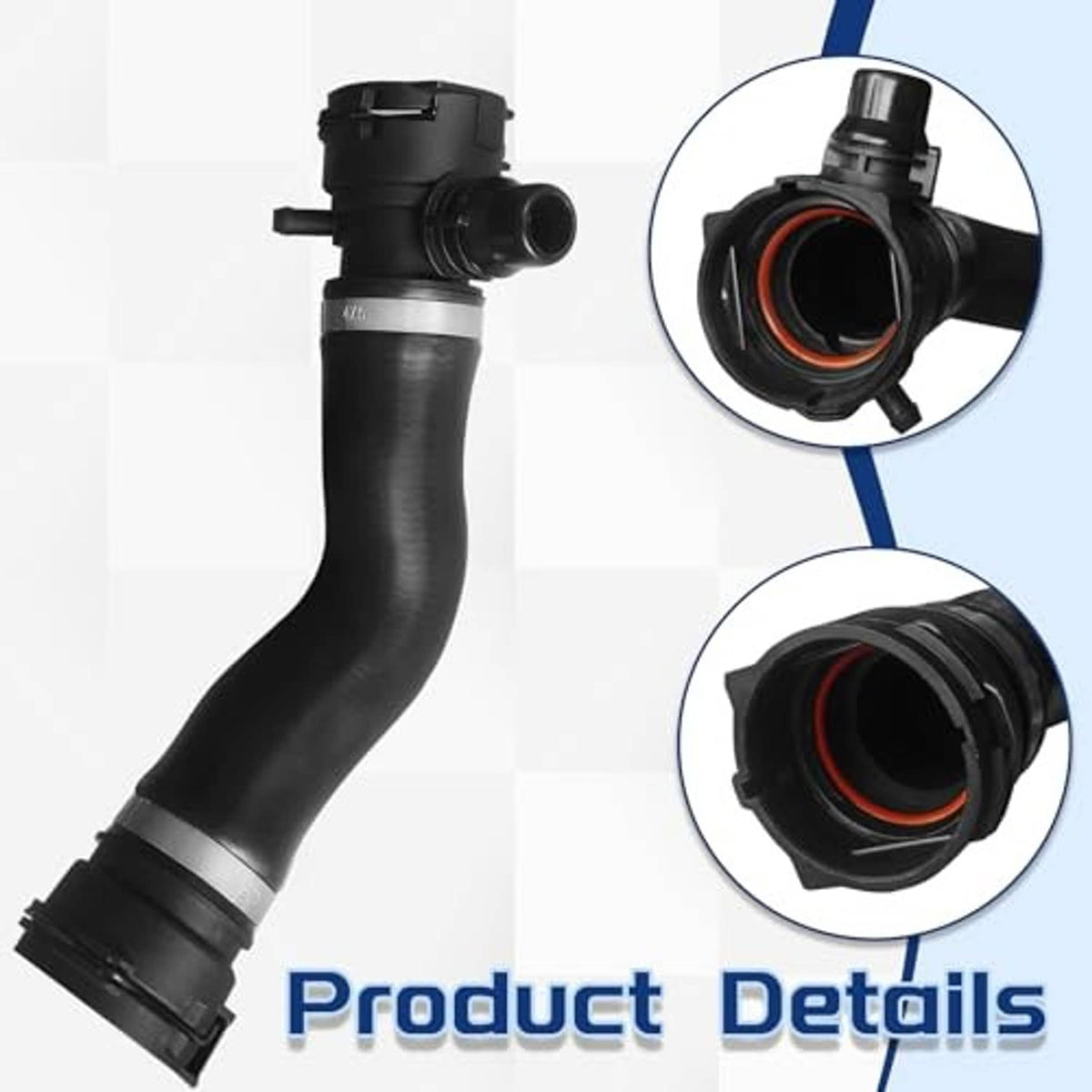 Black coolant hose with molded elbows and two clamp-ring end connectors