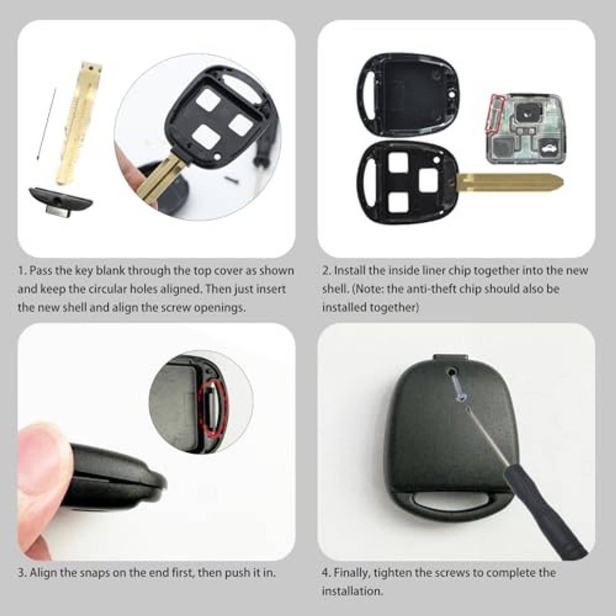 Key fob shell installation kit with shell pieces, key ring, and screw hardware