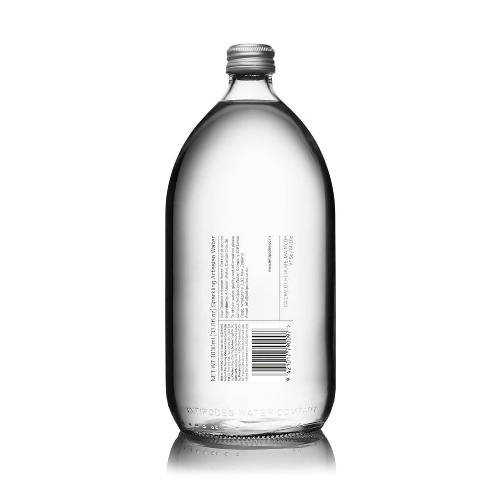 Antipodes sparkling artesian water bottle, back label view in dark-tinted glass