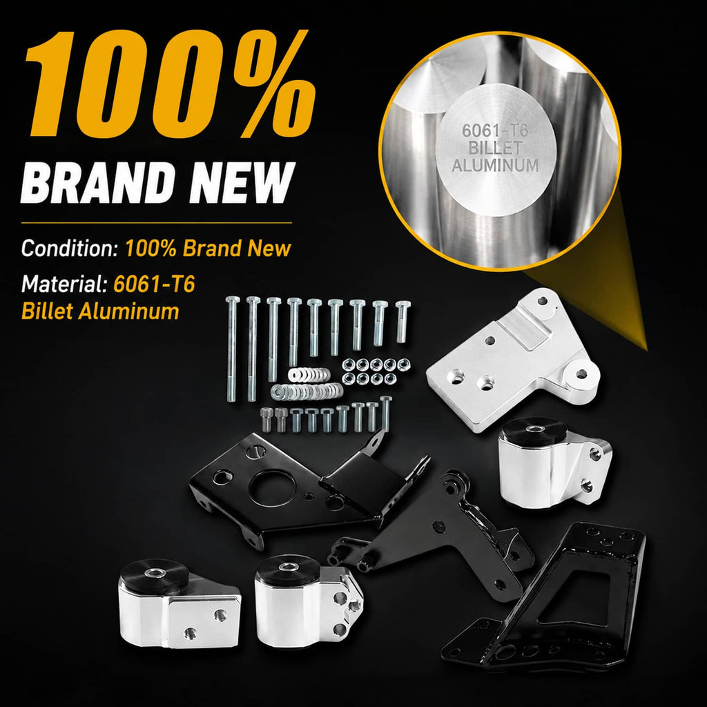New engine mount bracket kit with silver billet plates, black brackets, and bolts