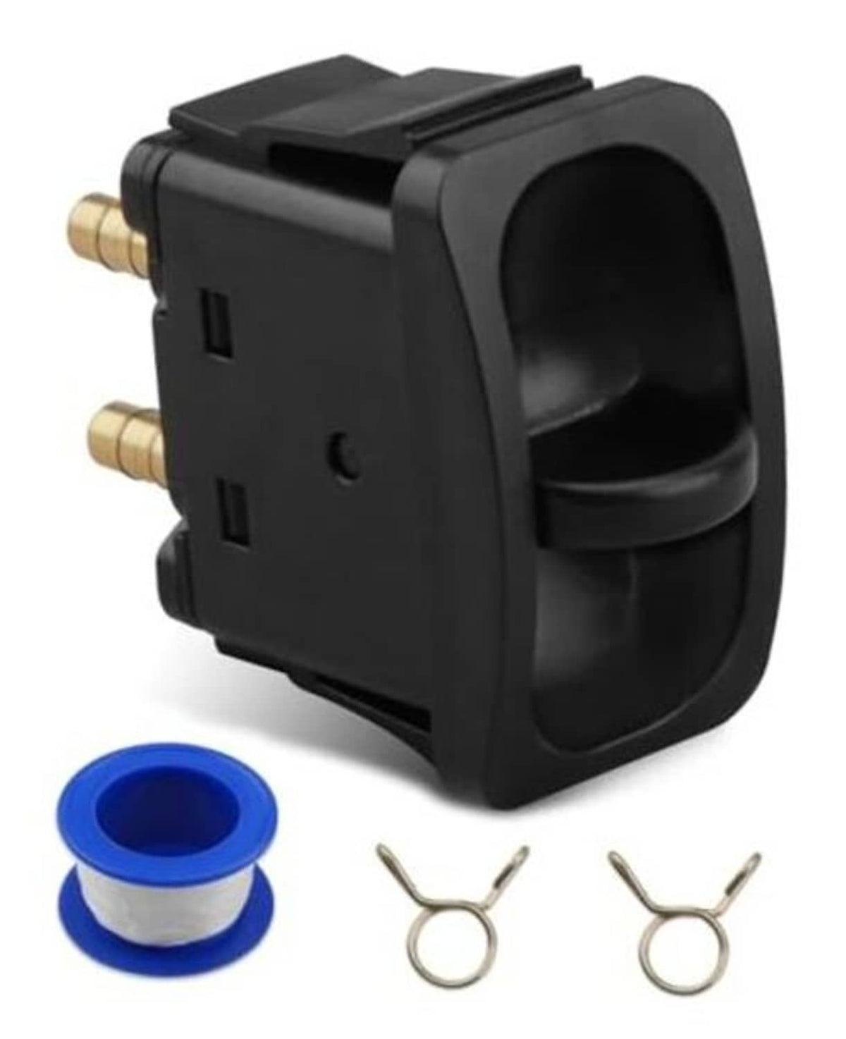 Black manual paddle valve switch with brass ports and mounting clips included.