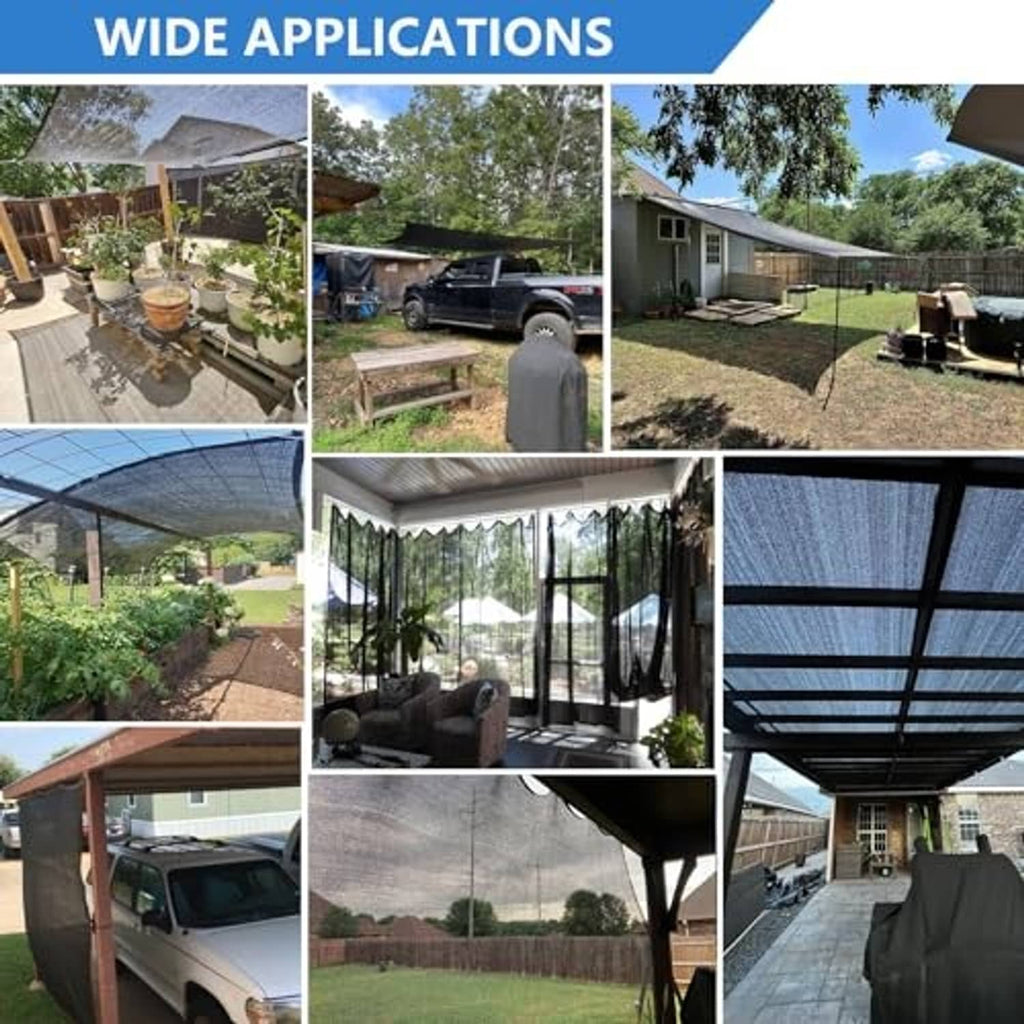 Black shade cloth tarp used for outdoor shade over patios, gardens, and vehicles