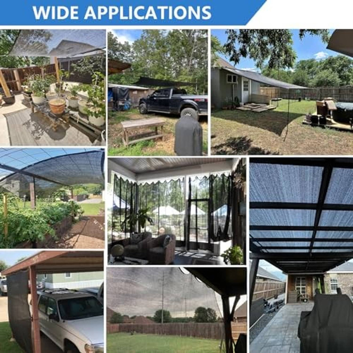 Black shade cloth tarp used for outdoor shade over patios, gardens, and vehicles