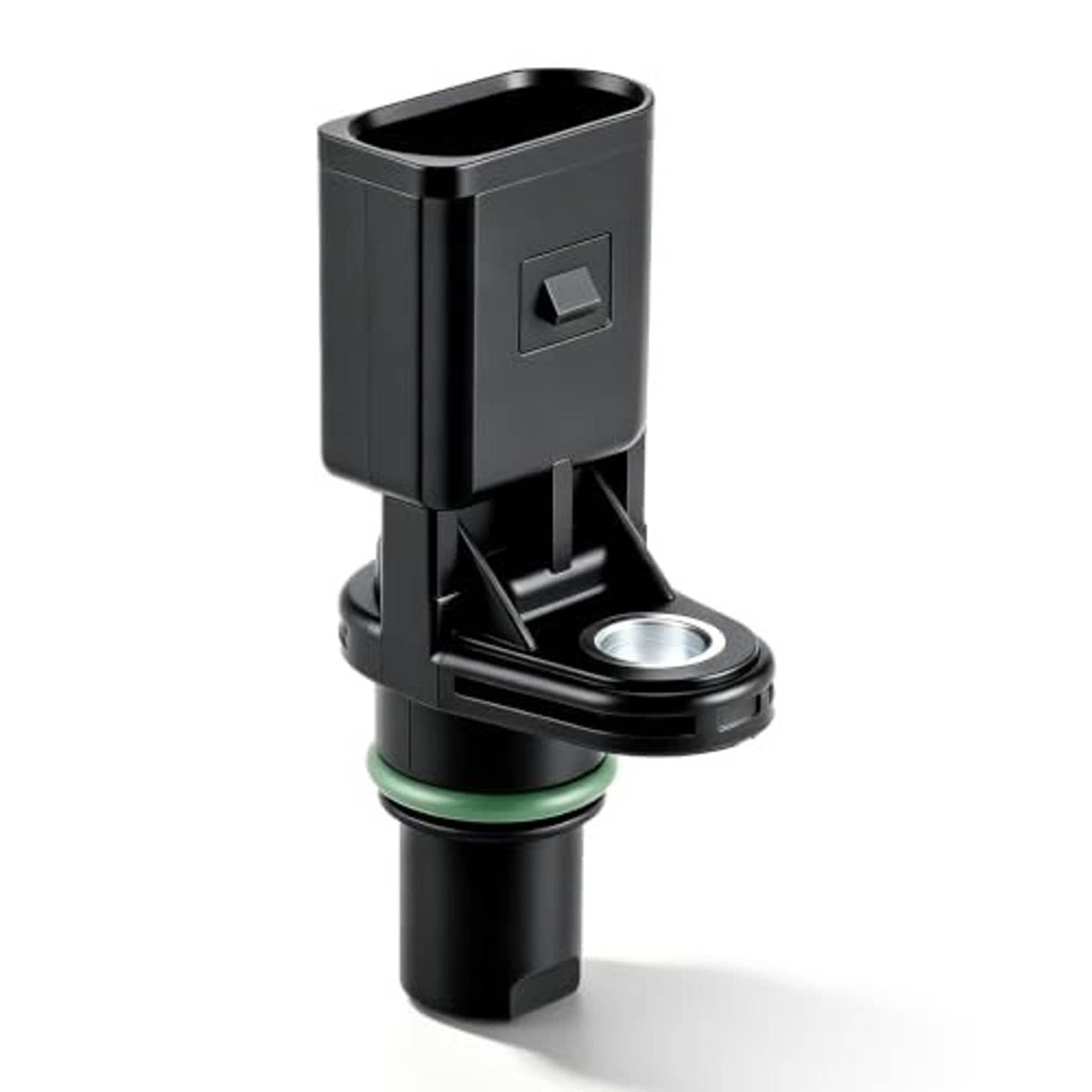 Black camshaft position sensor with green O-ring and circular metal mount