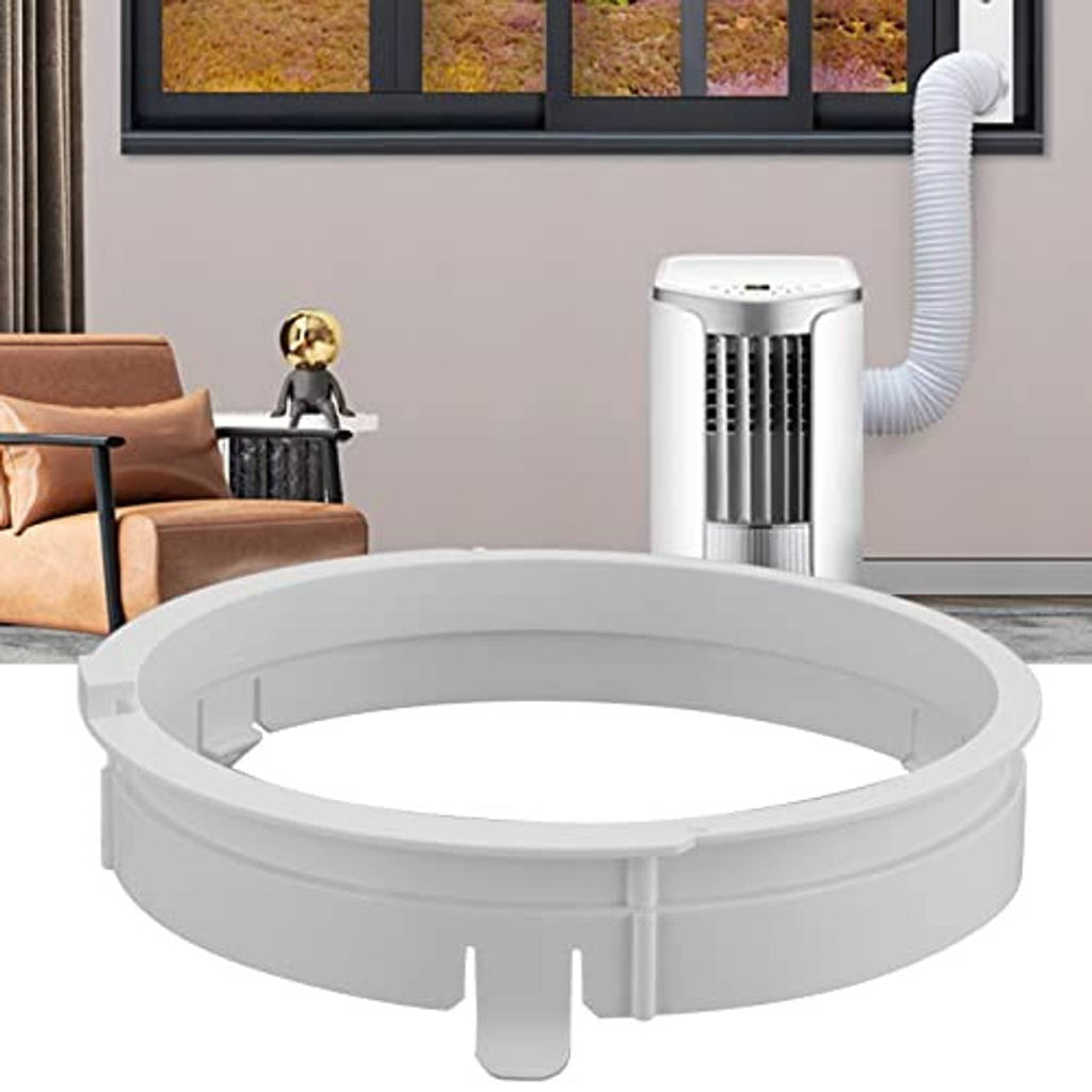White exhaust duct connector ring with attached hose for mobile AC venting