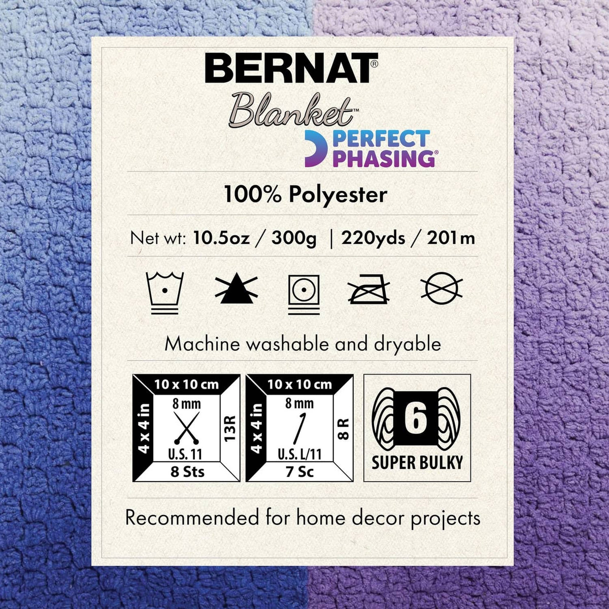 Bernat Blanket Perfect Phasing yarn label card, 100% polyester, super bulky
