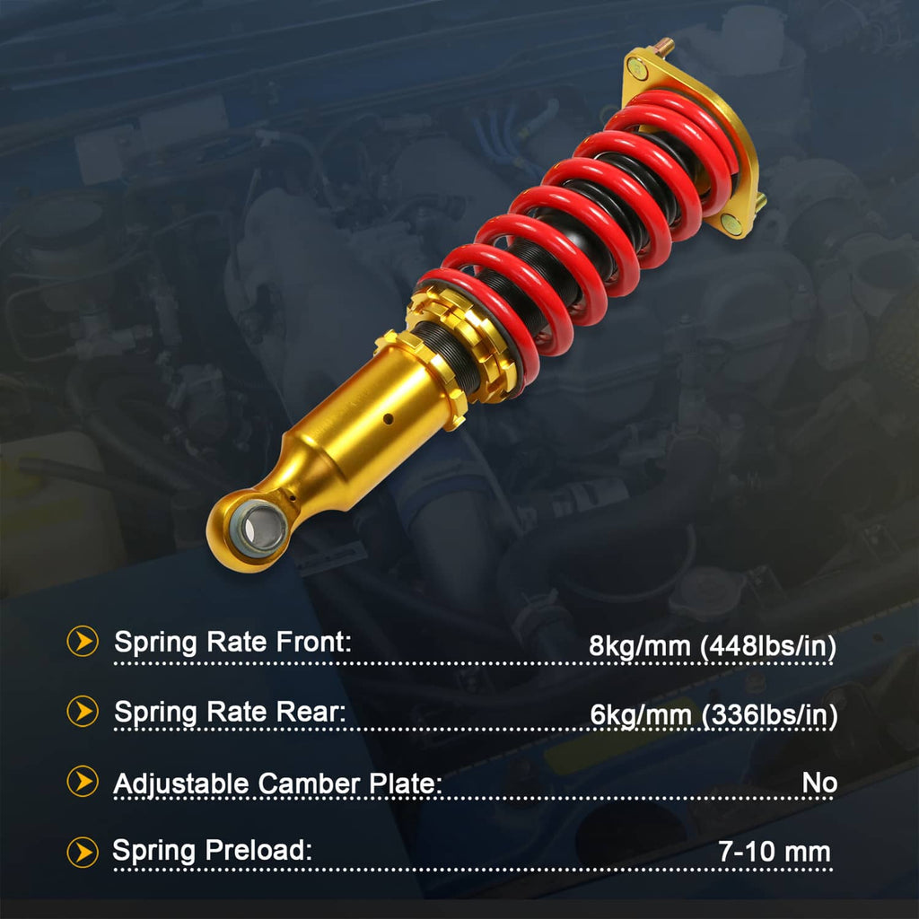 Gold-and-red adjustable coilover strut with red spring and cylindrical damper body