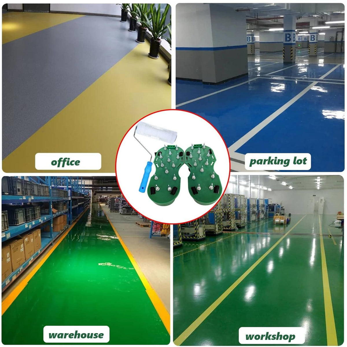 Green spiked shoe and roller shown in a multi-scene flooring use collage