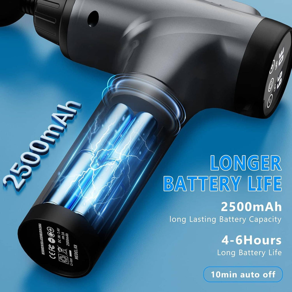 Handheld electric massage gun with long-lasting battery feature and illuminated barrel design