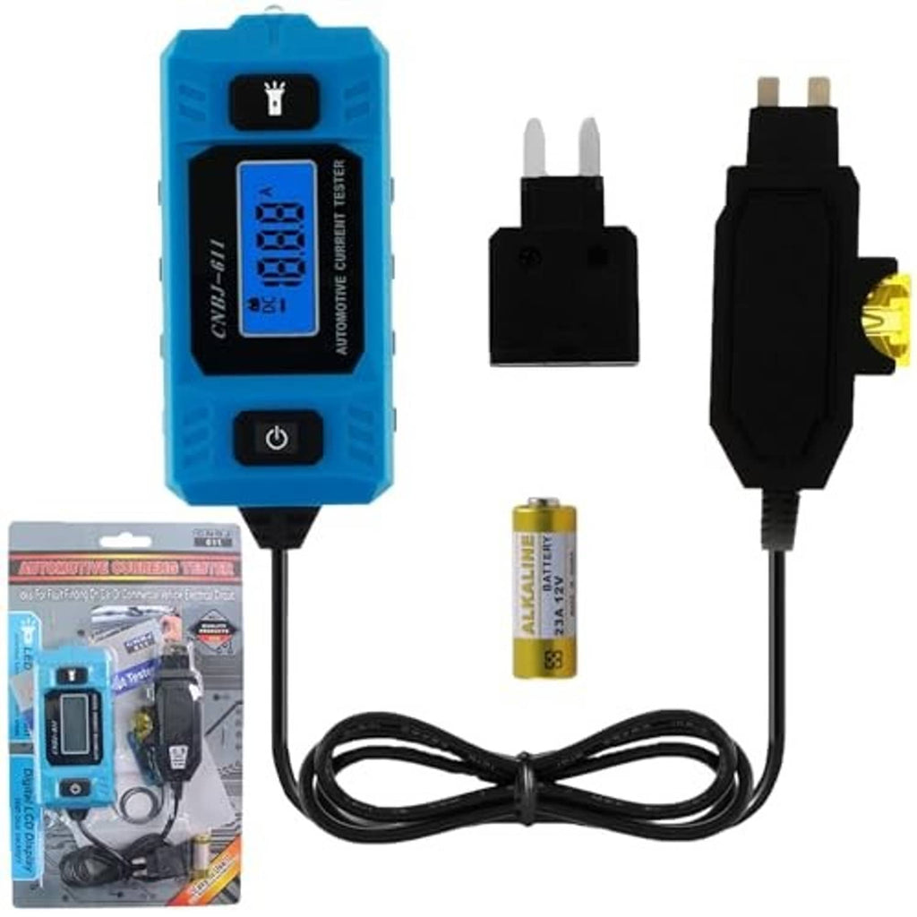 Blue automotive circuit tester with LCD screen, power button, cable and connector adapters