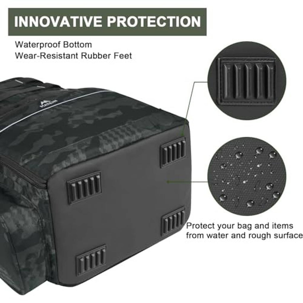 Dark camo fishing bag with textured protective bottom and rubber feet