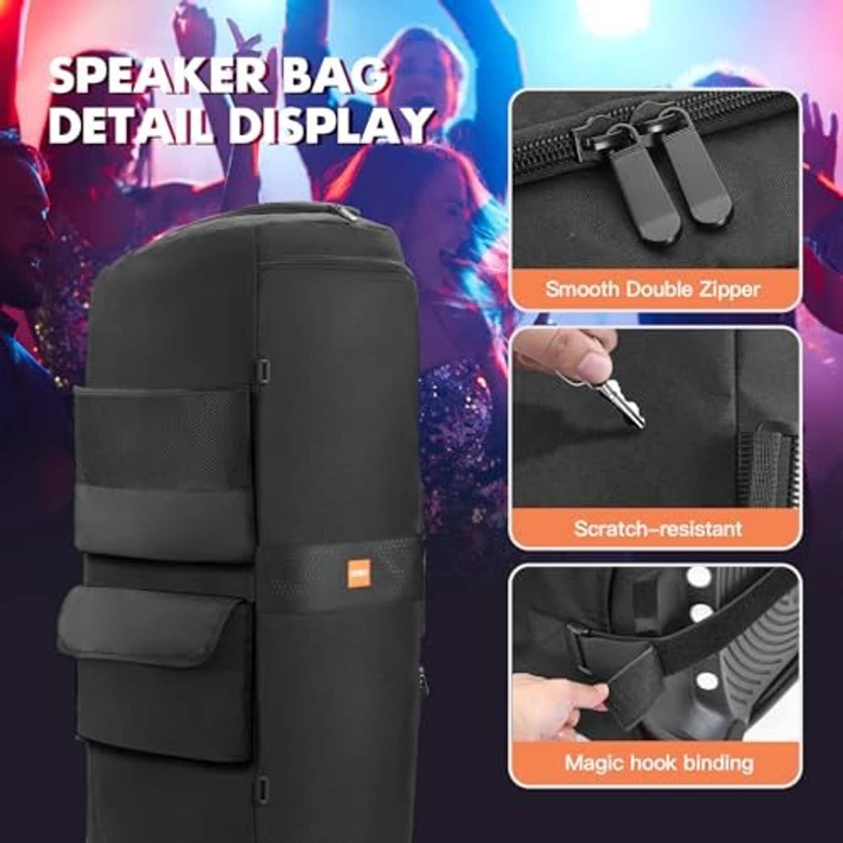 Black speaker bag with double zipper, scratch-resistant fabric, and hanging hook loop