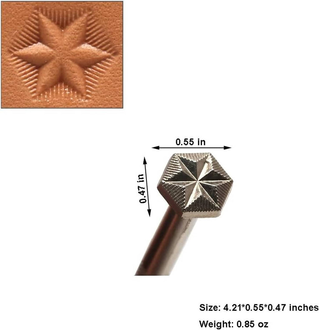 Leather stamping tool making starburst imprint on tan leather, with size labels