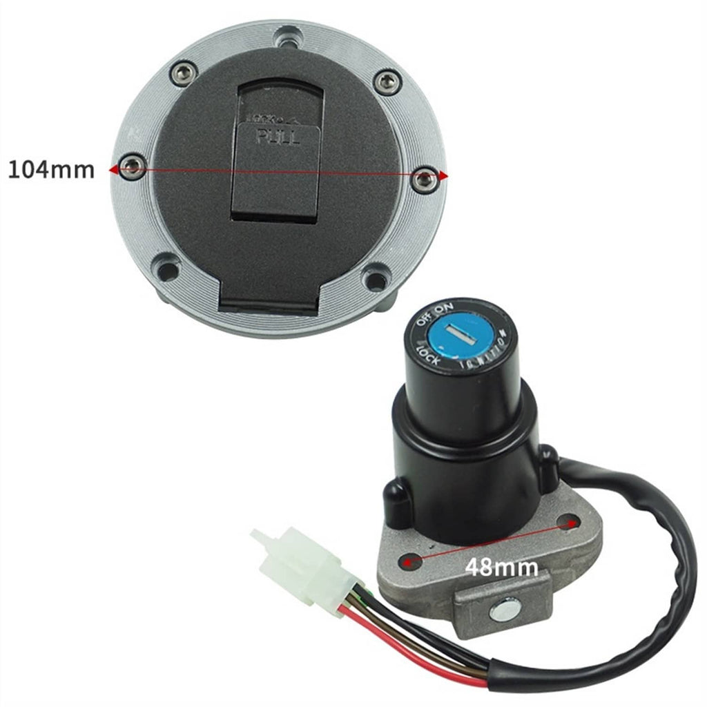 Circular ignition and seat lock cover with black key cylinder and metal keys