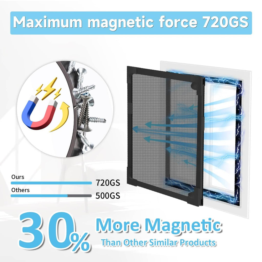 Magnetic window screen with black frame and mesh, highlighting strong magnetic force