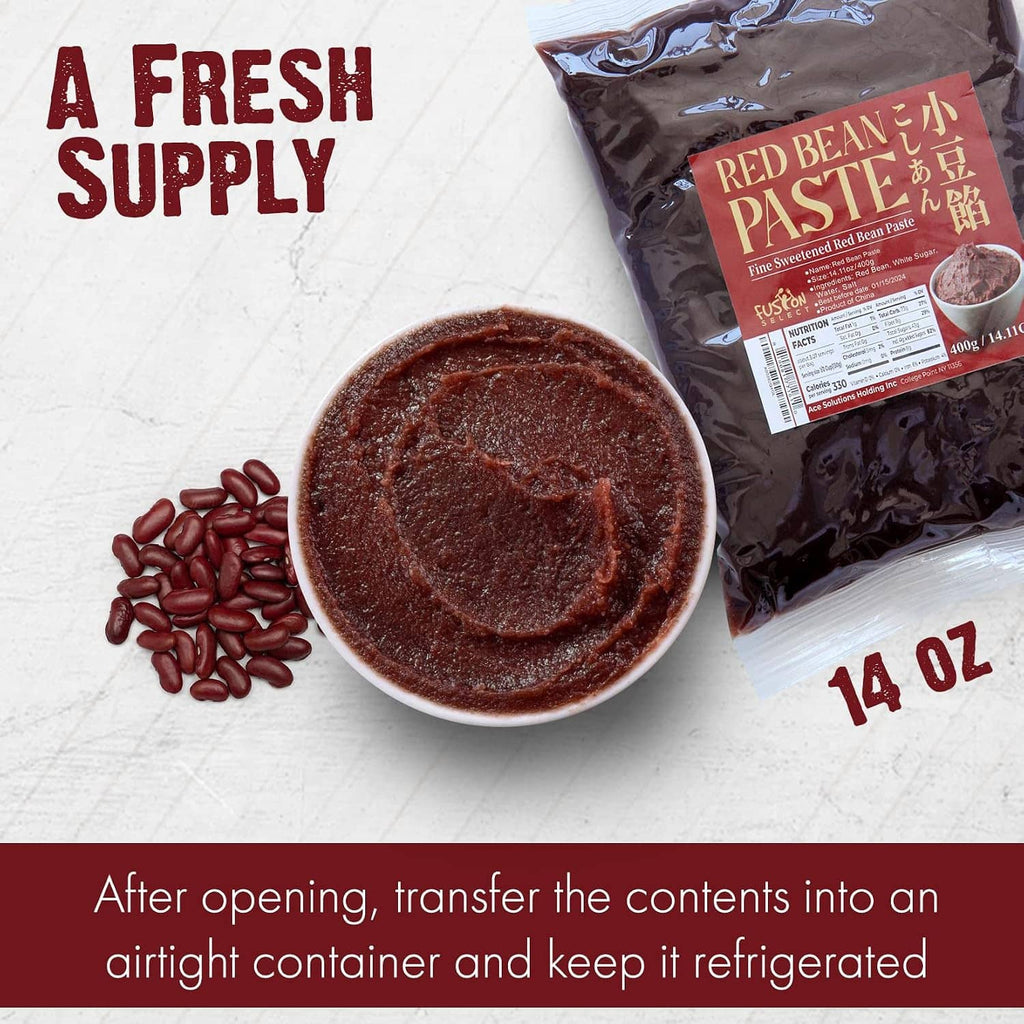 Fine sweetened red bean paste pouch with dark red paste scoop and red beans