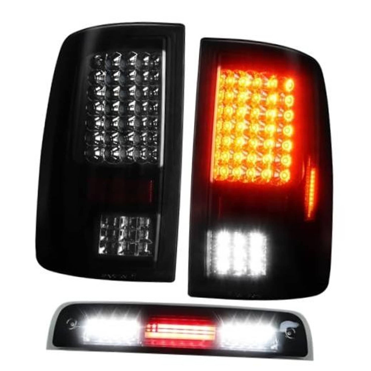 Pair of LED tail light assemblies with black housings, red light and white LED strip