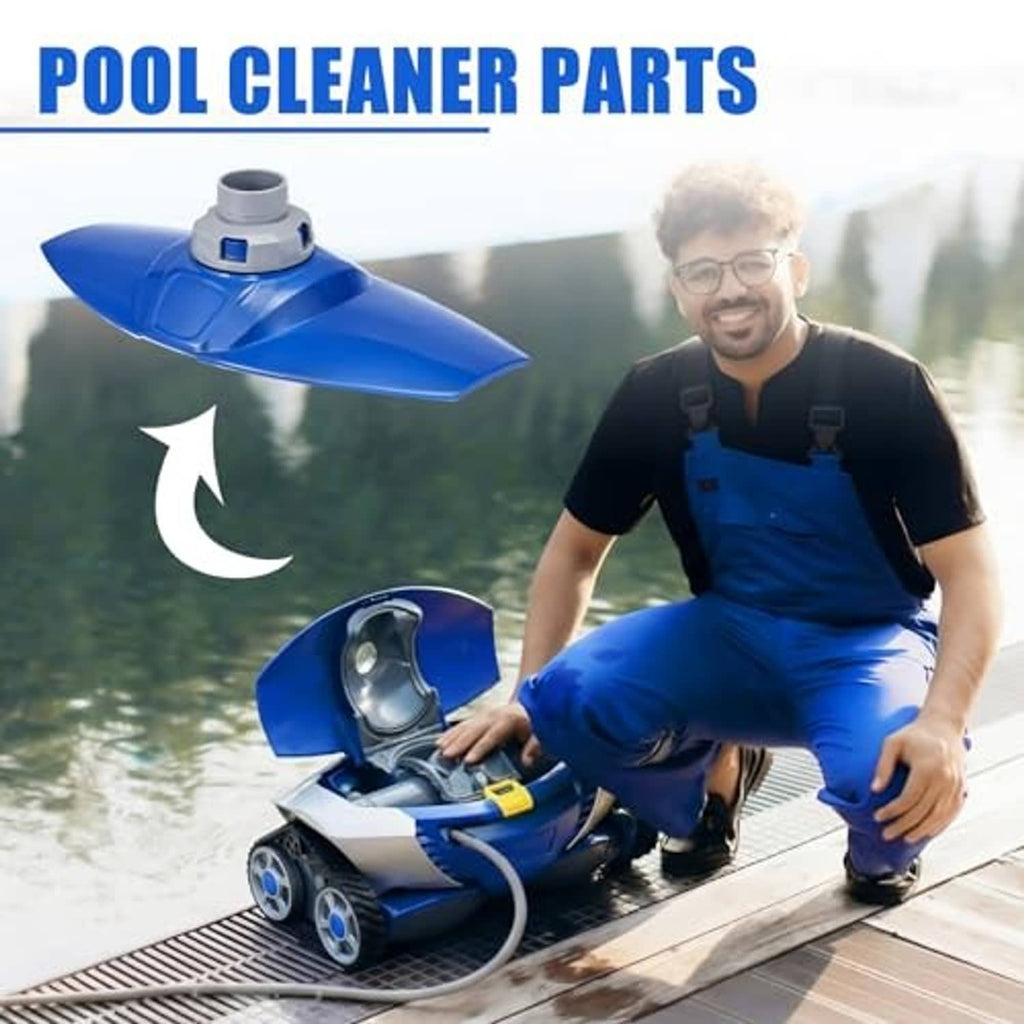 Blue pool cleaner top cover with swivel assembly on pool cleaner unit