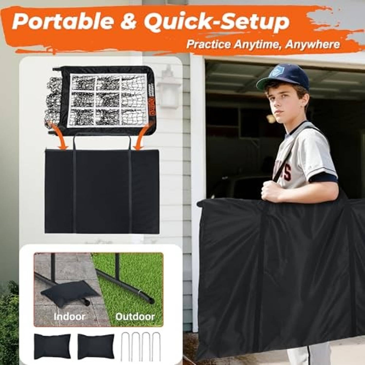 Portable pitching net with black storage panels, stakes, and black target frame