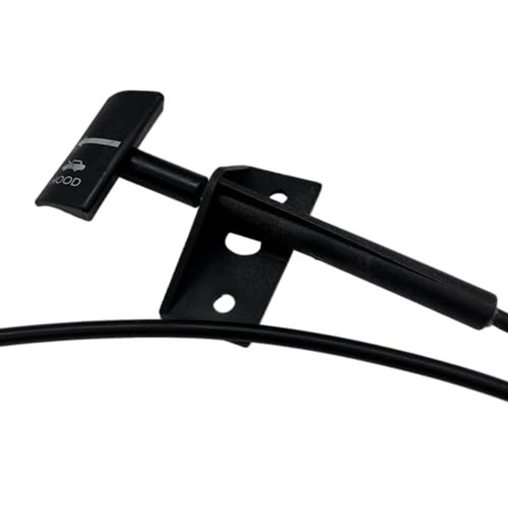Close-up of black hood release cable with mounting hardware brackets