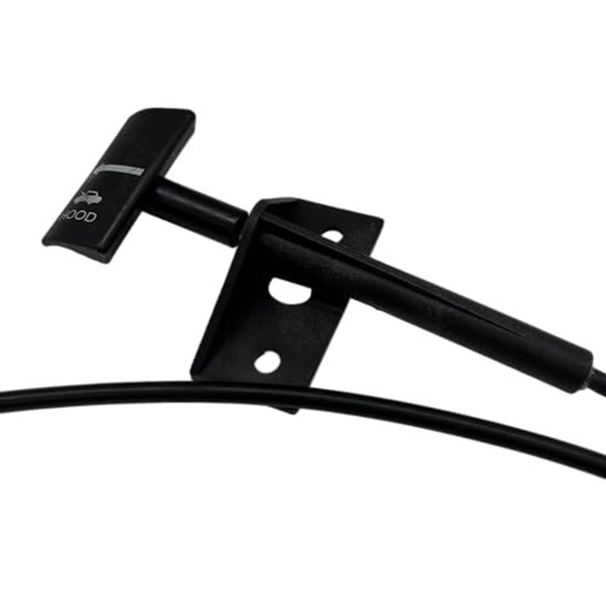 Close-up of black hood release cable with mounting hardware brackets