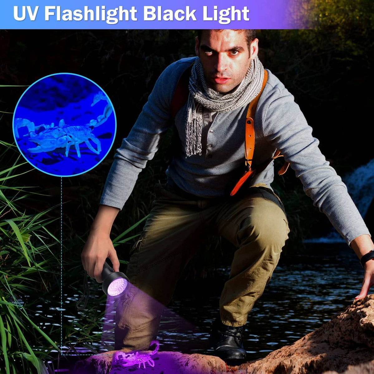 Black UV flashlight-style leak detector with UV light beam
