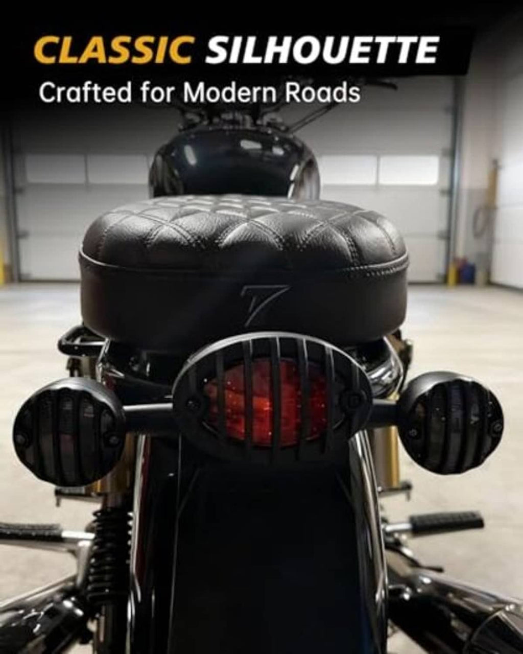 Motorcycle LED rear light cluster with two black signal pods and red illuminated grille