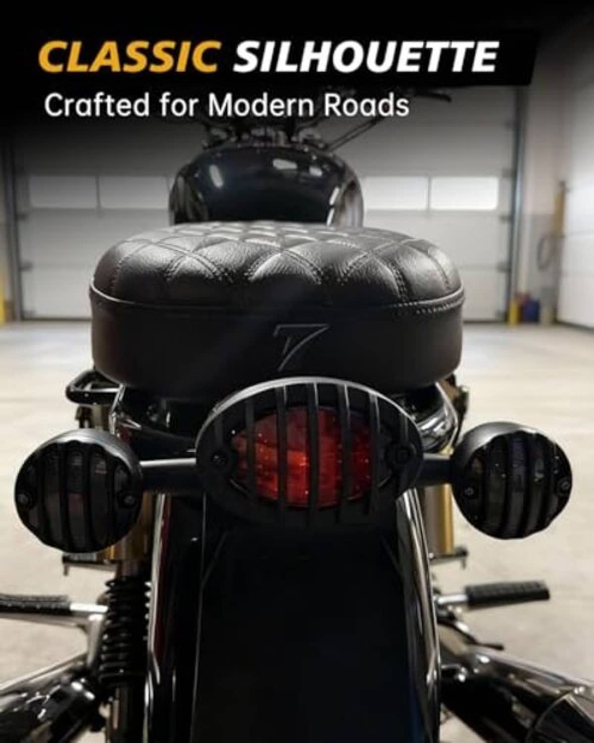 Motorcycle LED rear light cluster with two black signal pods and red illuminated grille