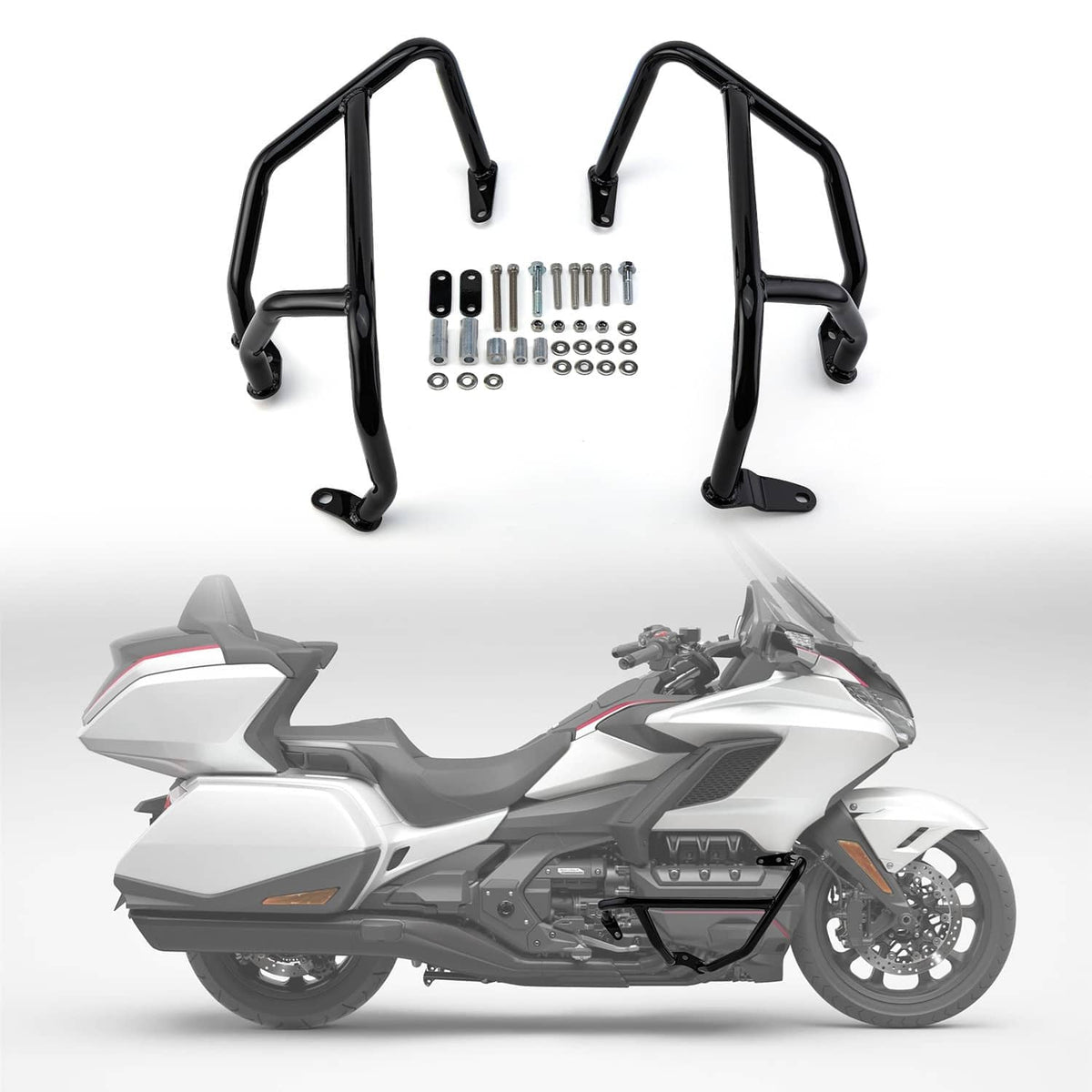 Black engine guard crash bars set with mounting brackets and bolts for motorcycle