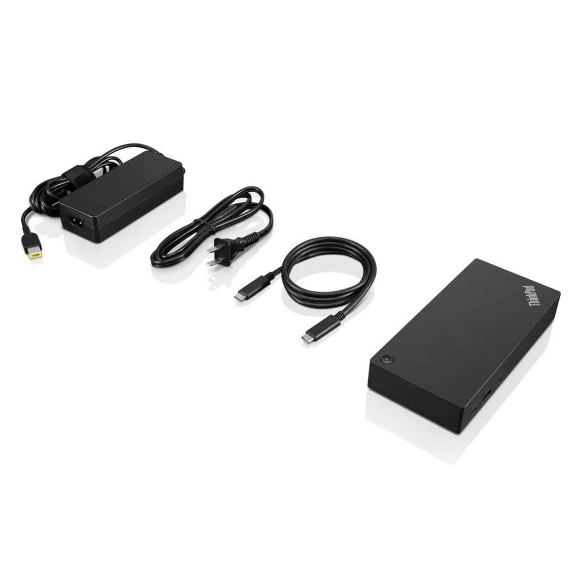 USB-C dock kit in black: dock, power adapter, and multiple cables