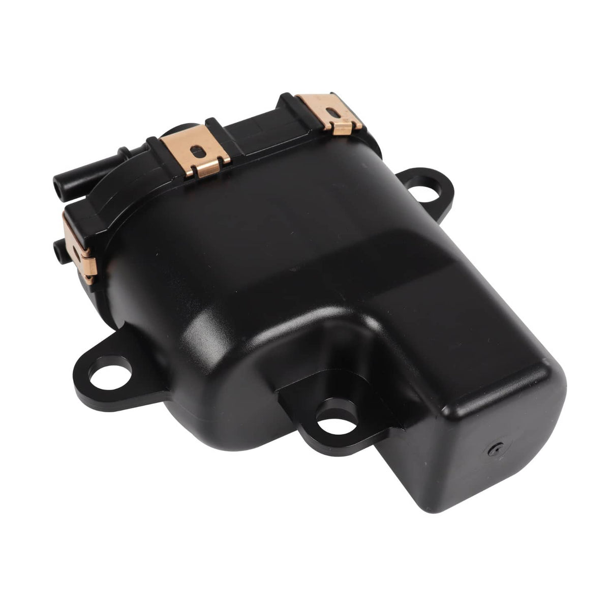 Black fuel pump module with copper electrical terminals and mounting holes