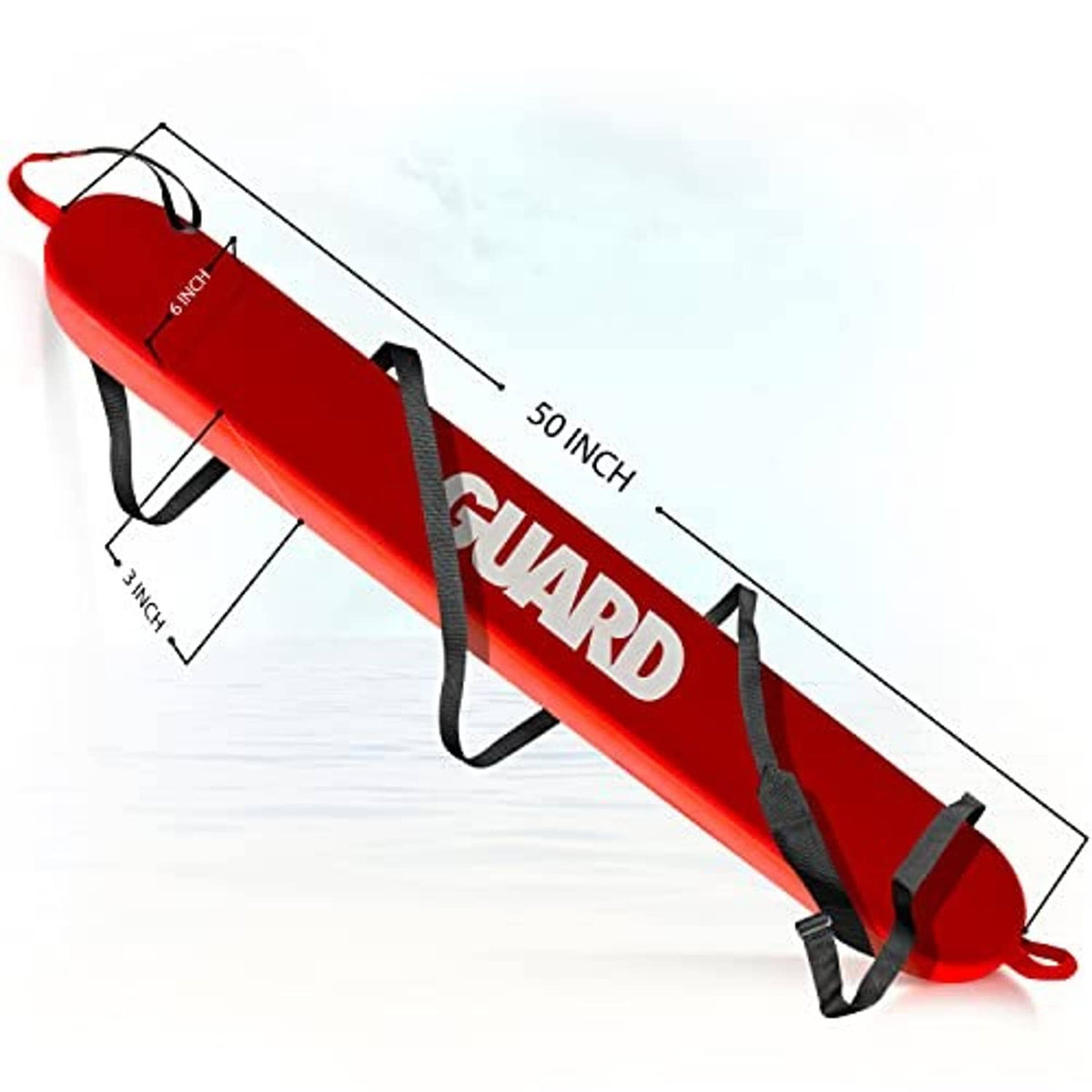 Red 50-inch rescue tube with GUARD lettering and black securing straps