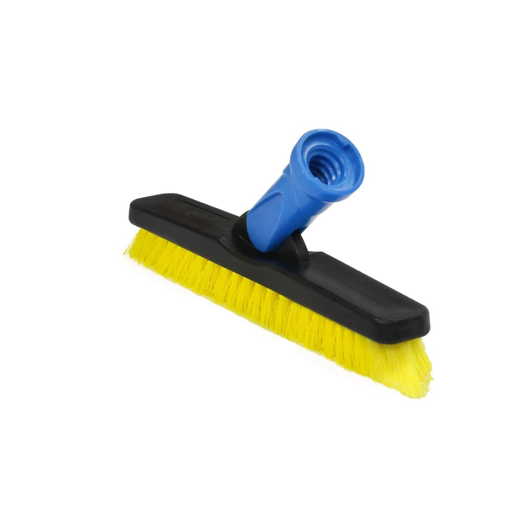 Swivel grout brush head with blue connector and black handle, yellow stiff bristles
