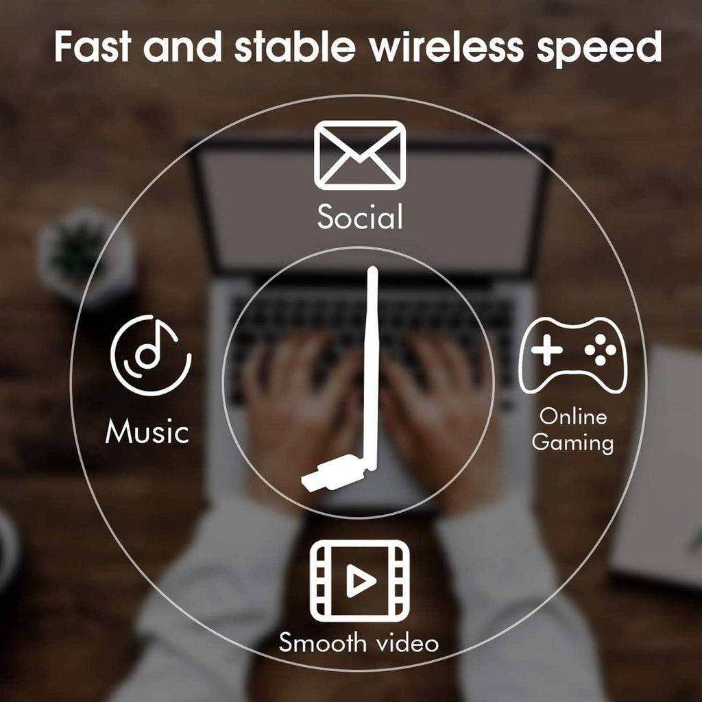 USB WiFi adapter antenna with icons for stable online gaming and streaming