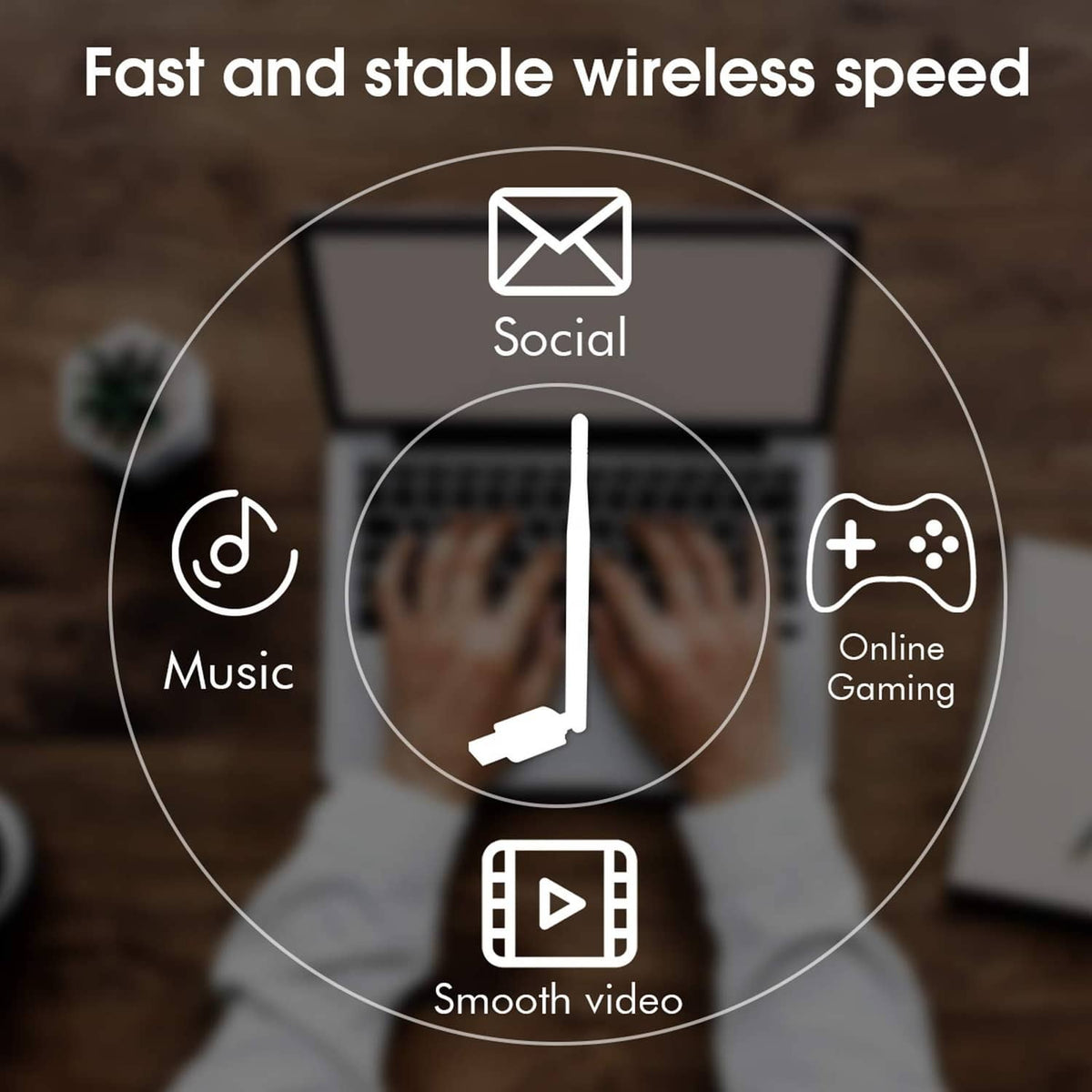 USB WiFi adapter antenna with icons for stable online gaming and streaming