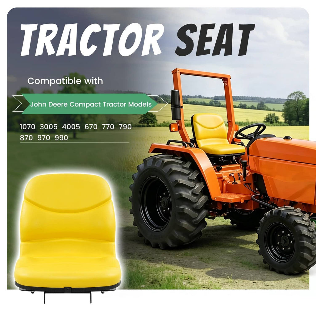 Yellow replacement tractor seat with black base and side mounting studs