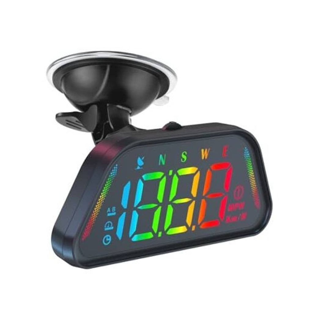 Universal car HUD GPS speedometer with dark housing and glowing multi-color digital display