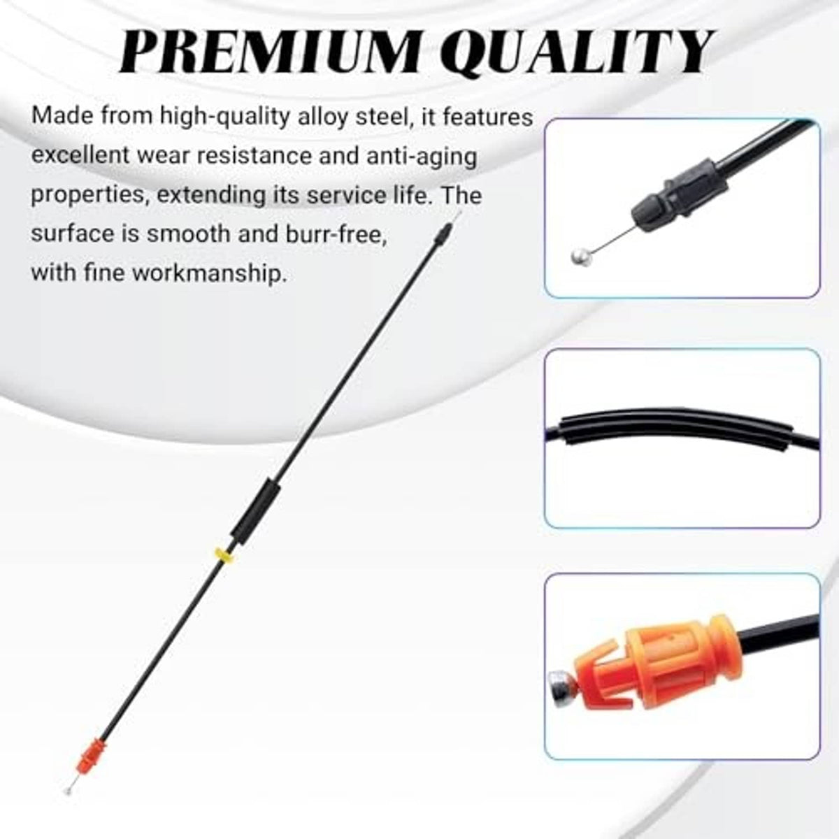 Door latch release cable with protective black sheath and colored connector ends